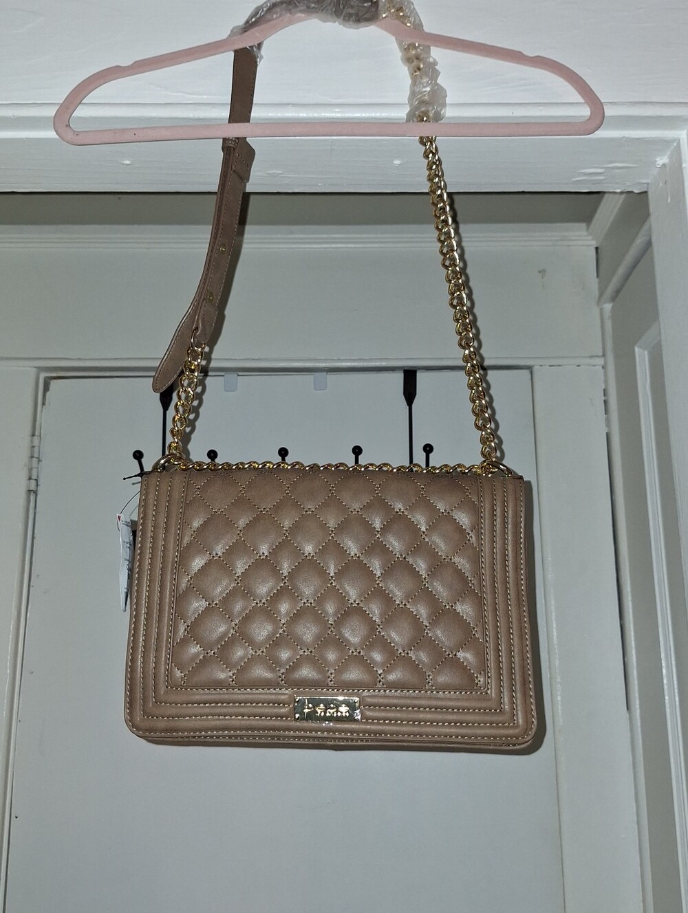 bebe Taupe Quilted Crossbody with Gold Chain